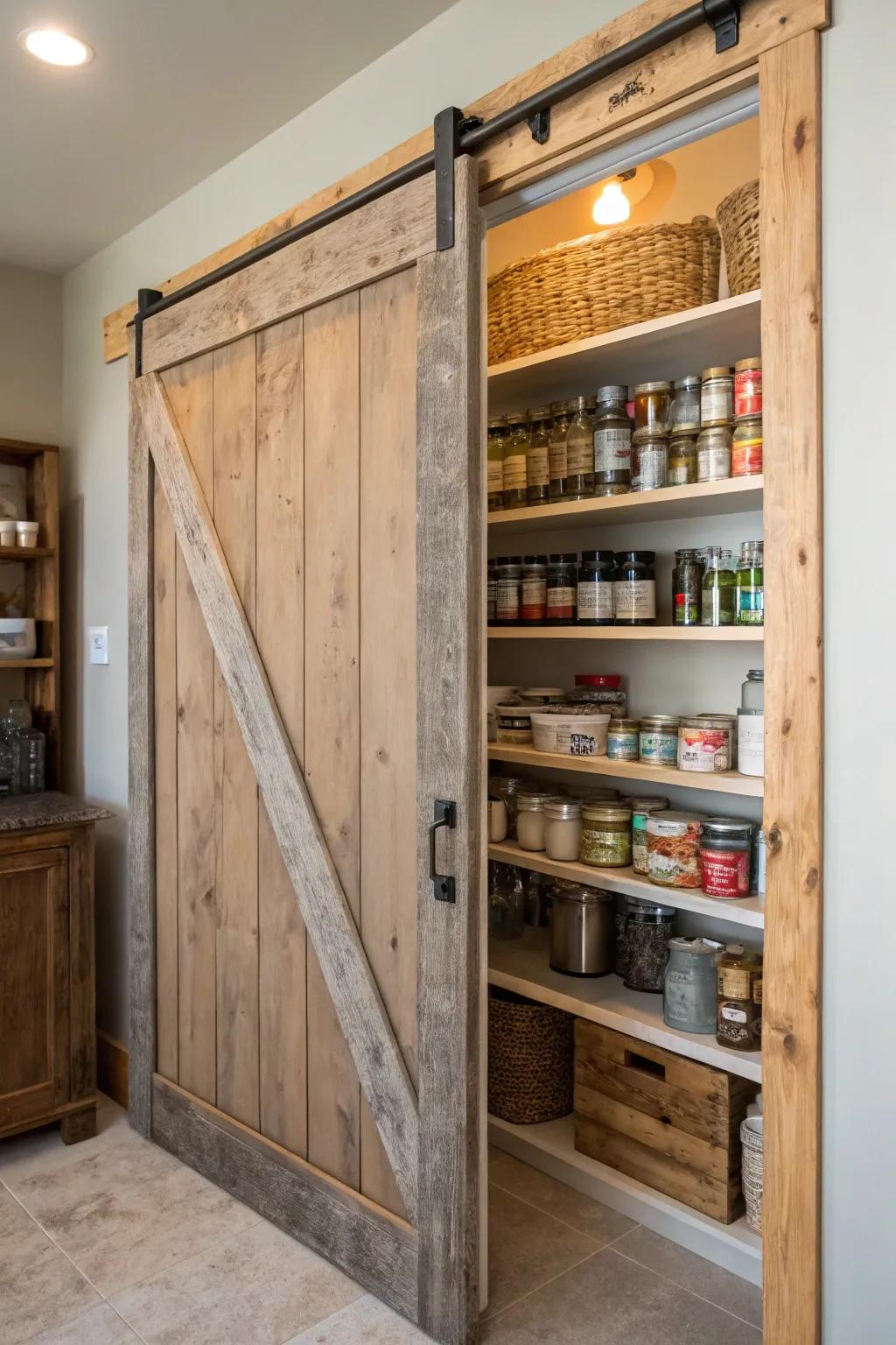 Sliding barn door adds style and functionality to the pantry.