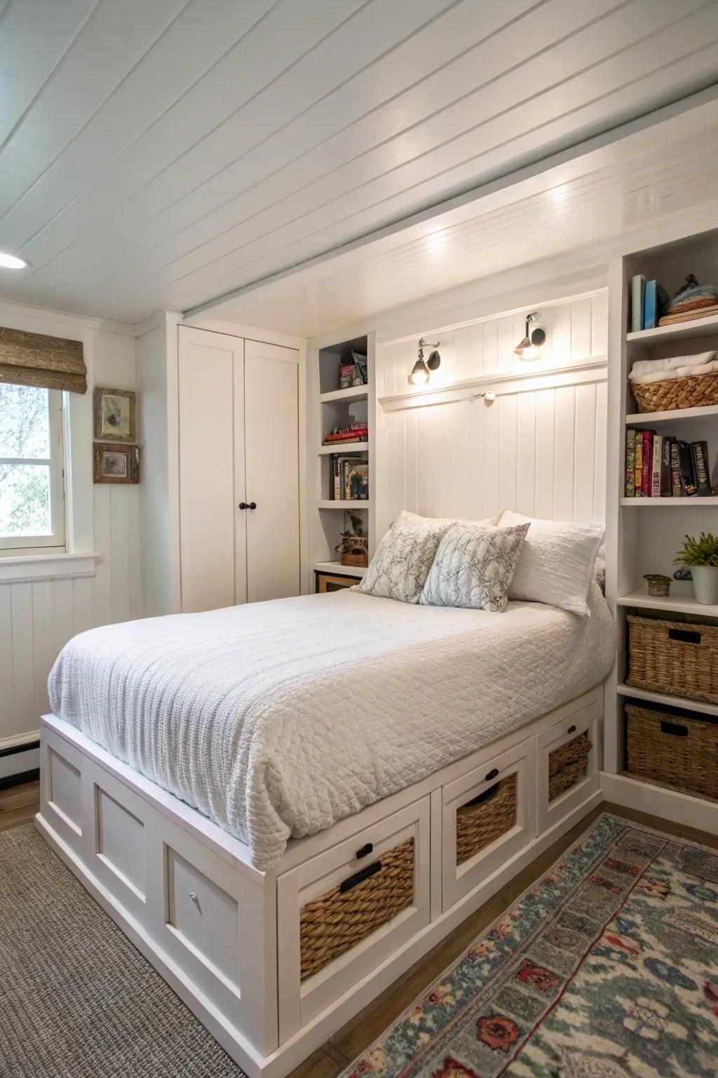 Multi-functional furniture maximizes space in a small white bedroom.