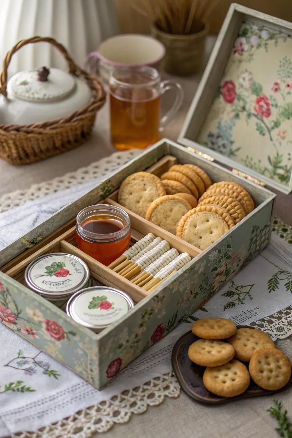 Indulge in a serene tea time with this thoughtfully curated snack box.