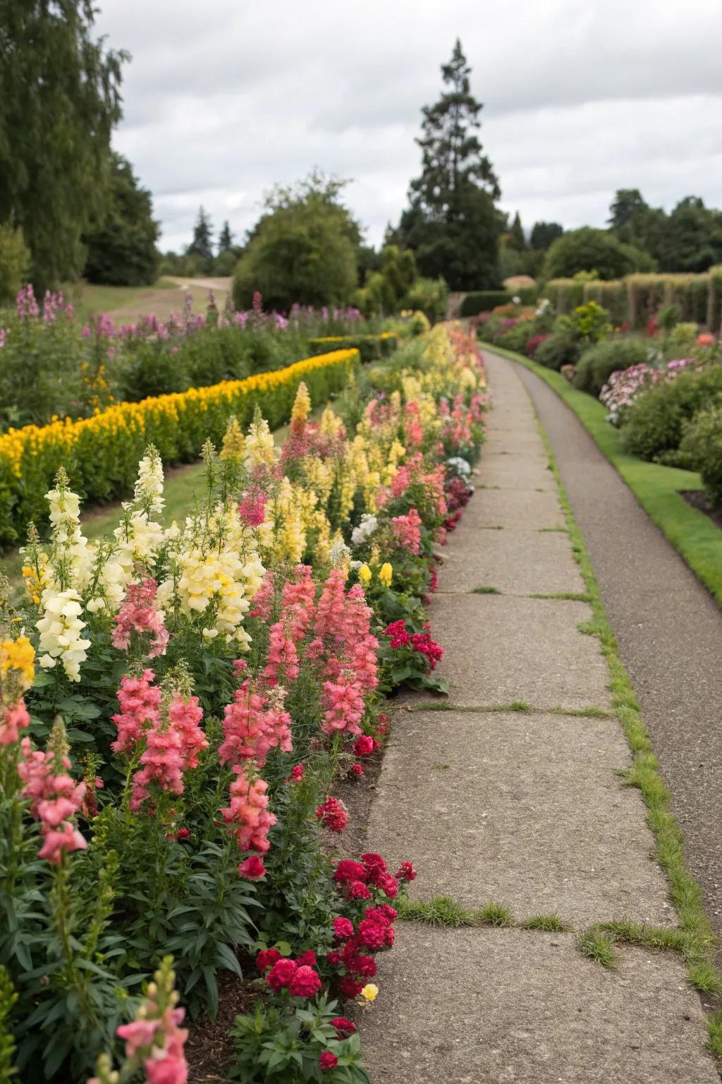 Snapdragons used as beautiful edging along a garden path.