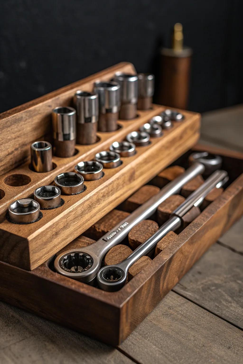 Transform your workshop with this handcrafted wooden socket organizer – where functionality meets artistry.