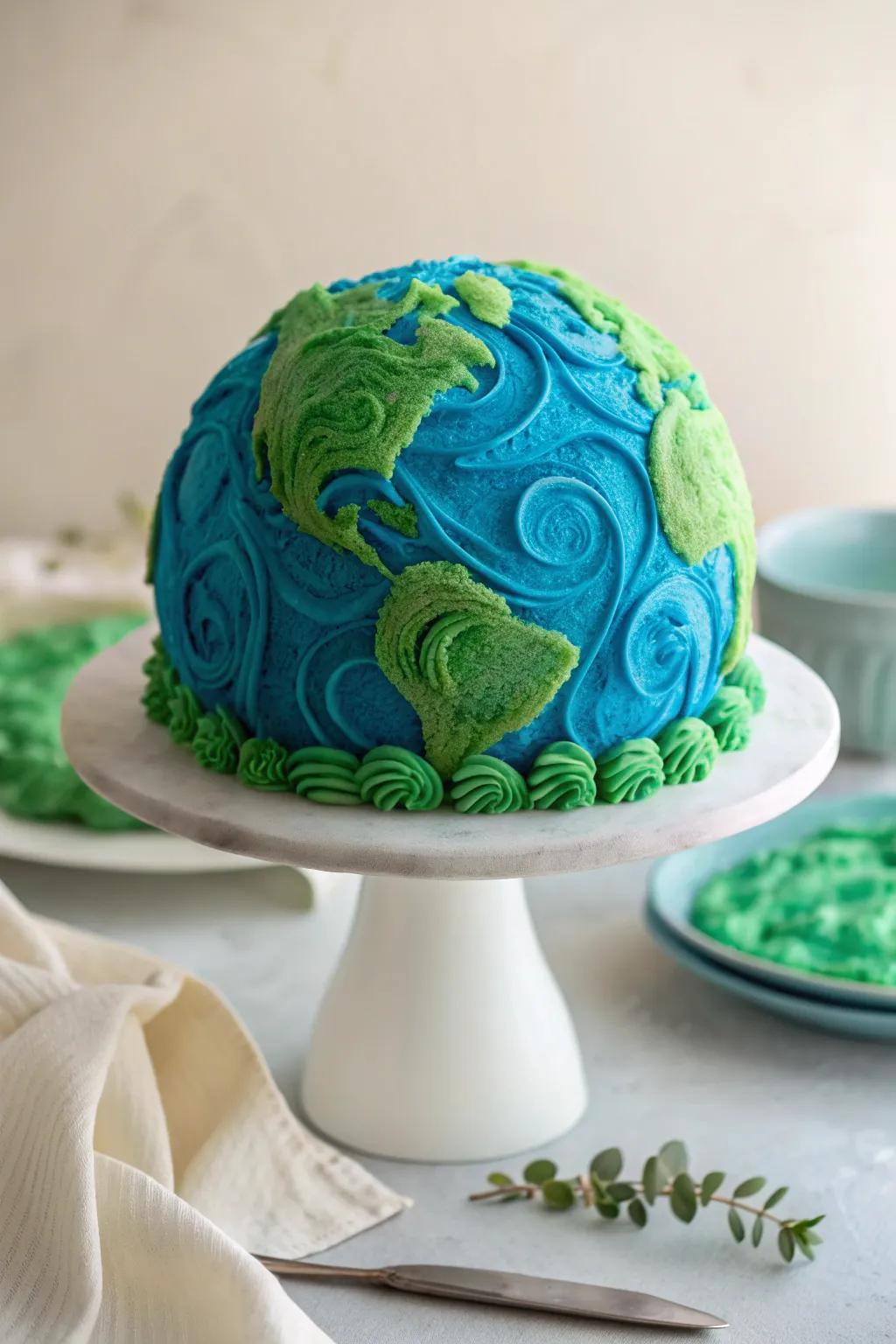 Celebrate Earth Day with a stunning Earth-themed sphere cake that captures the beauty of our planet!