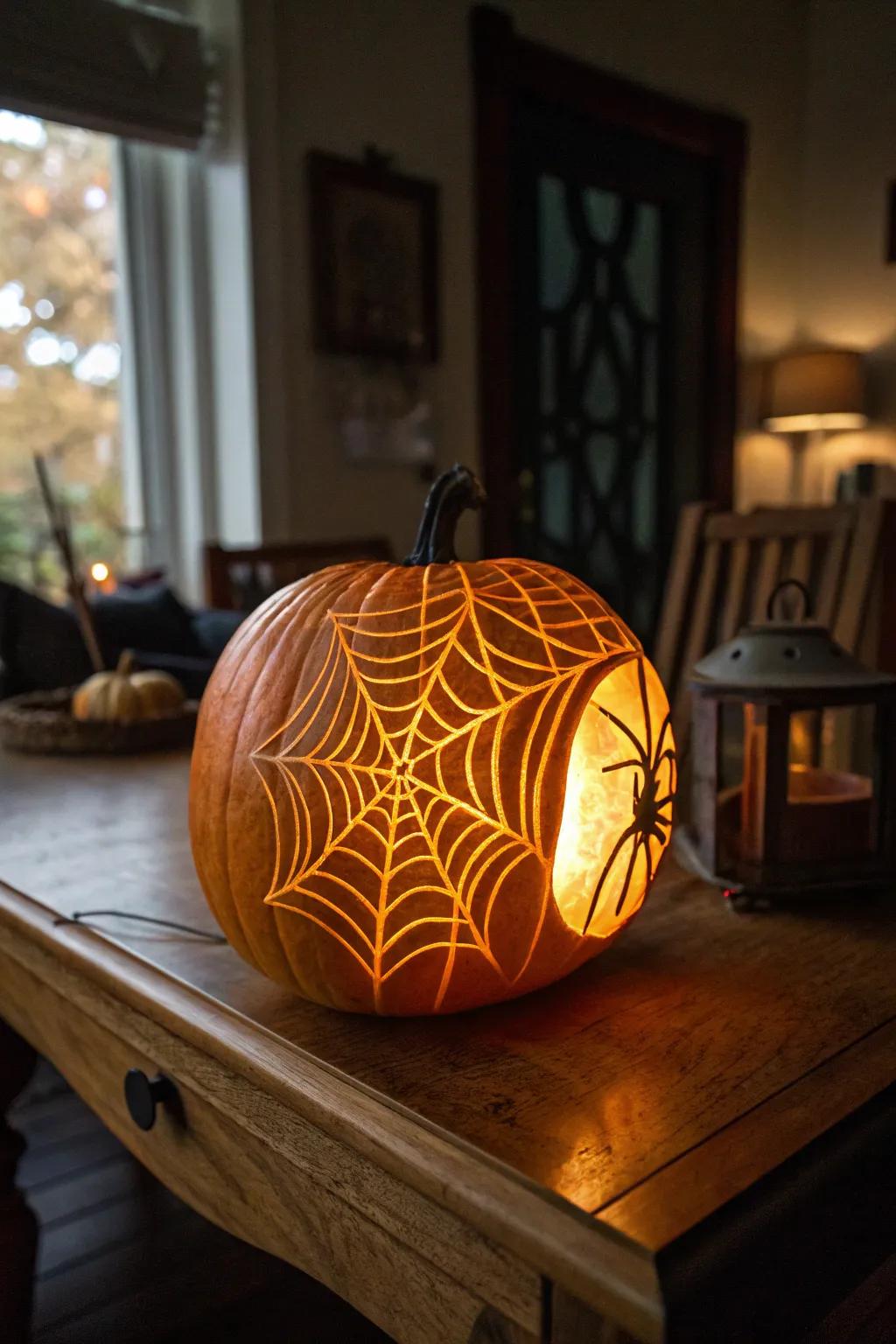 A pumpkin with a glowing spider web in a darkened room.