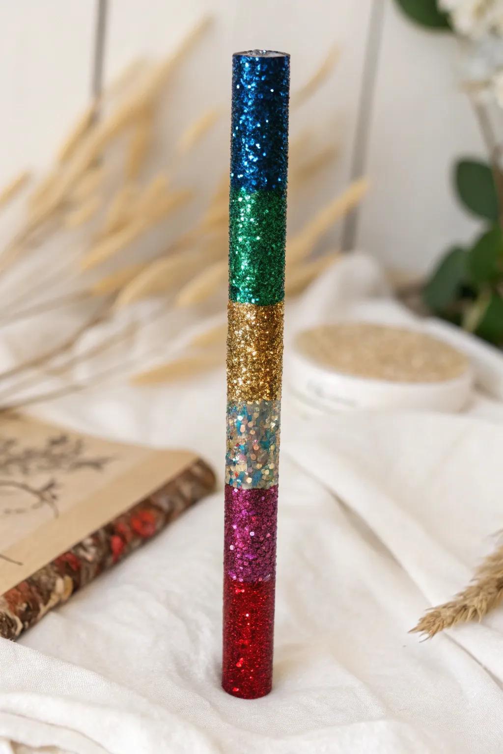 Elevate your sparkle game with this stunning glitter-adorned spirit stick—your personal spotlight in minimalist elegance.
