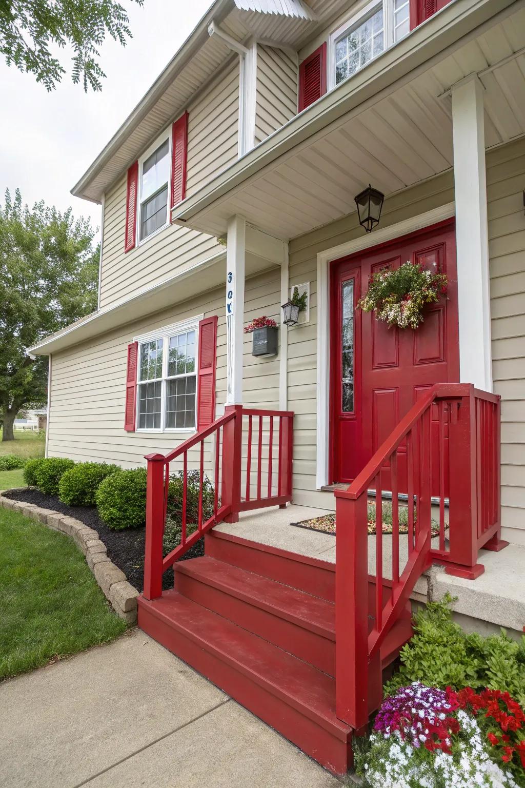 A colorful front door serves as the focal point of this inviting split-level porch.