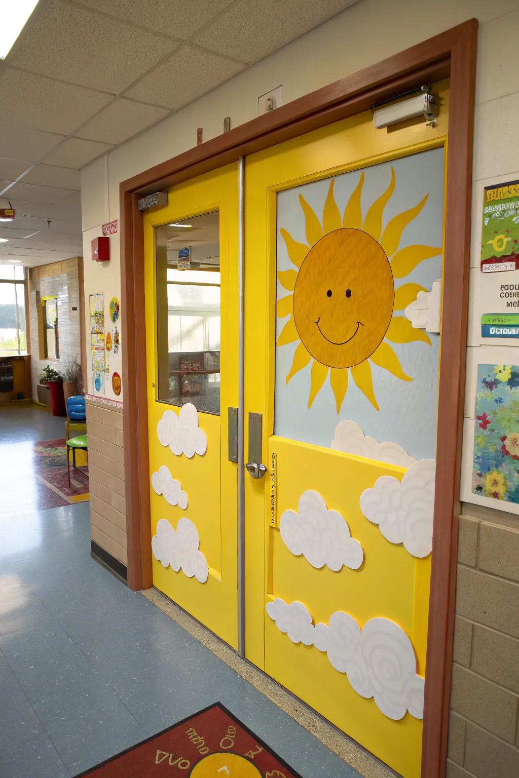 A preschool door with a sunny and cloud-filled decoration.