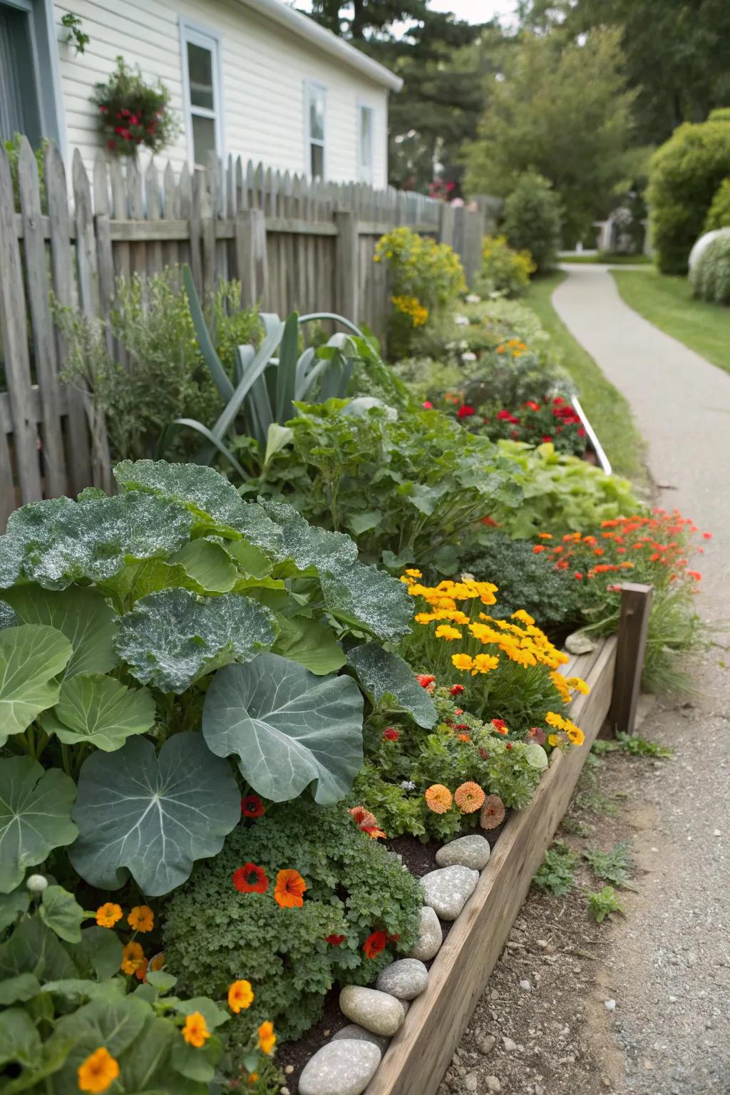 Aesthetic and functional flower bed with kale and nasturtiums.