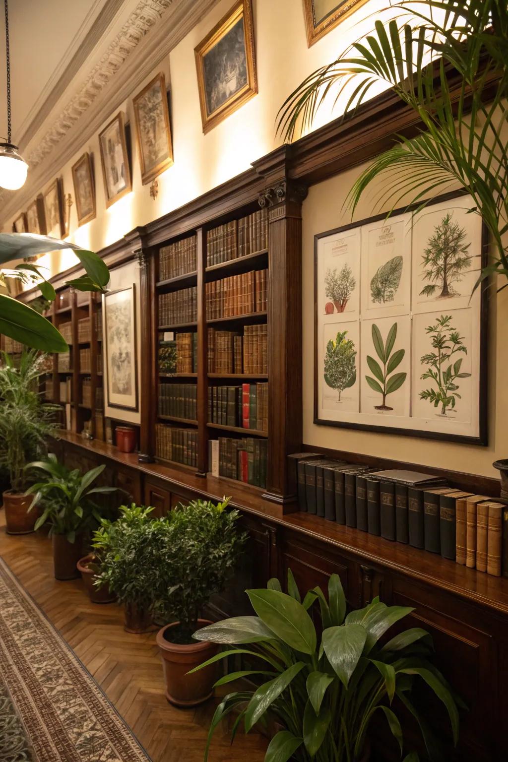 A display of classic novels complemented by botanical prints.