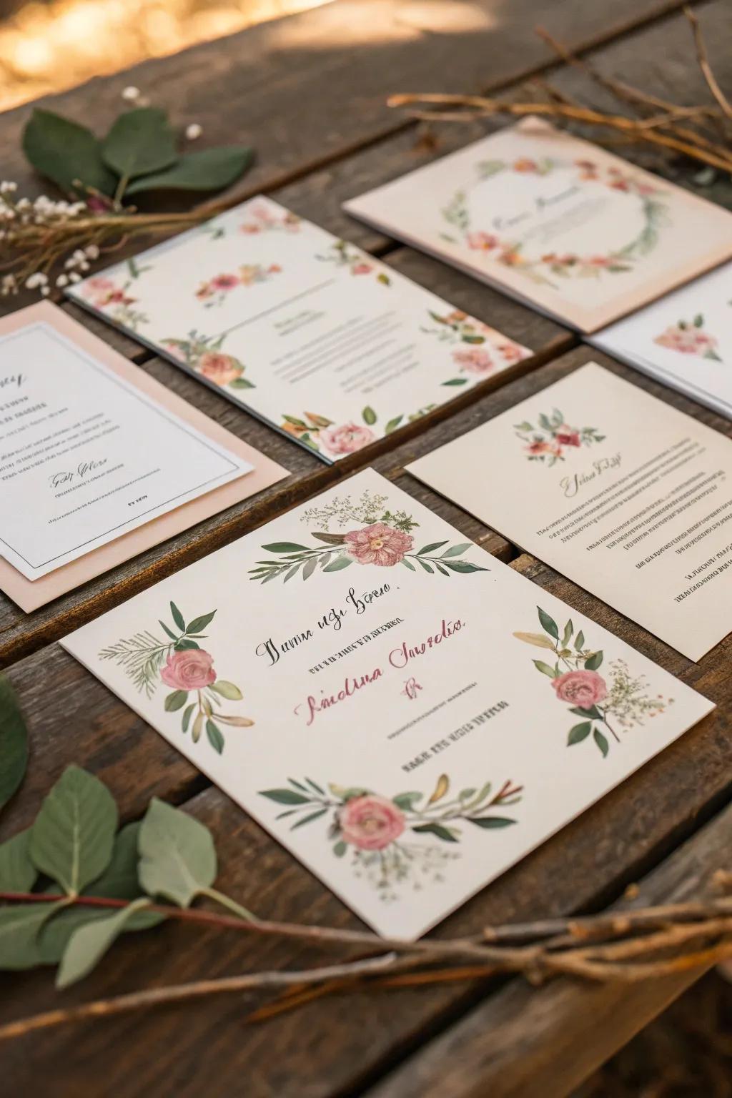 Floral-printed invitations hint at a blooming celebration.