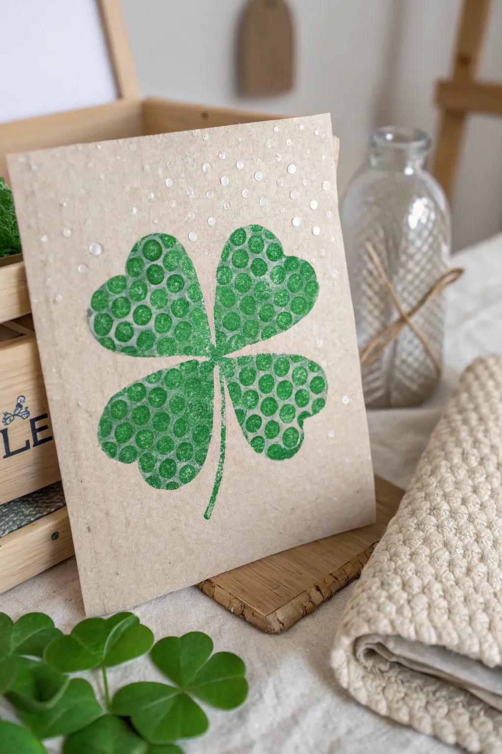 Capture the joy of crafting with this vibrant bubble wrap shamrock print, perfect for little hands and big imaginations!