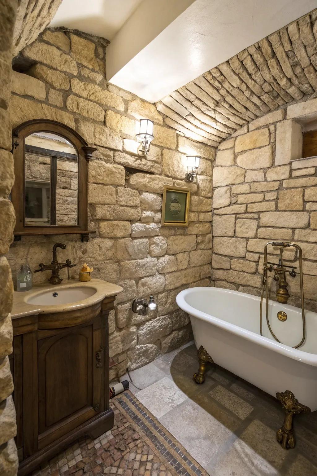 Rustic elegance with stacked stone and vintage charm.