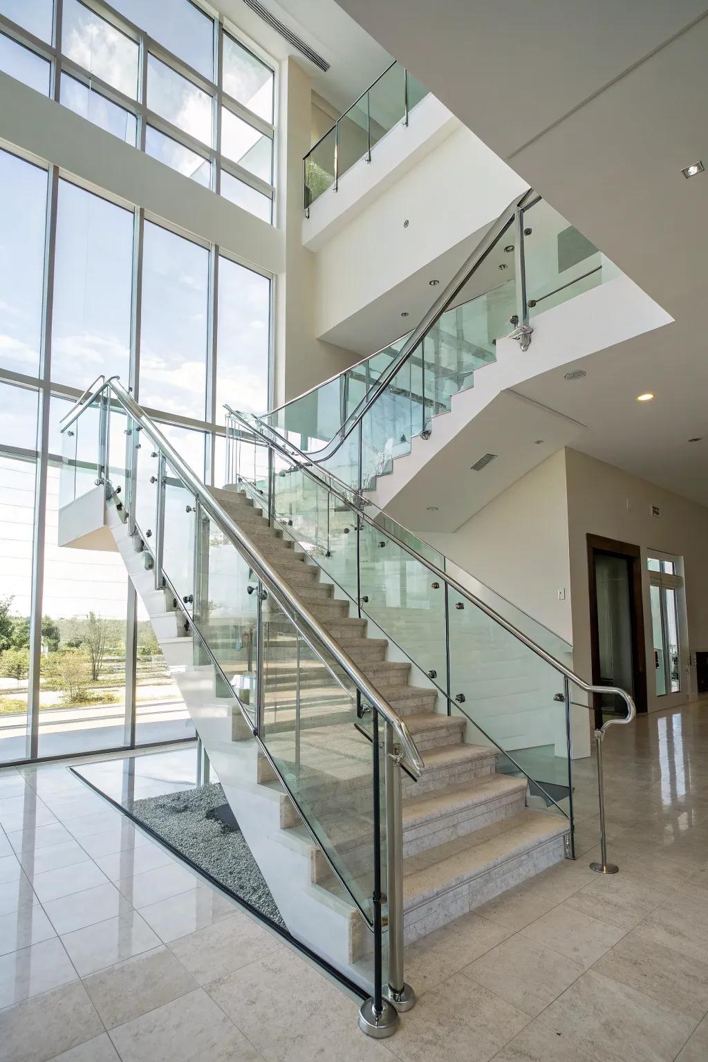 A combination of glass and metal creates an airy and modern staircase.