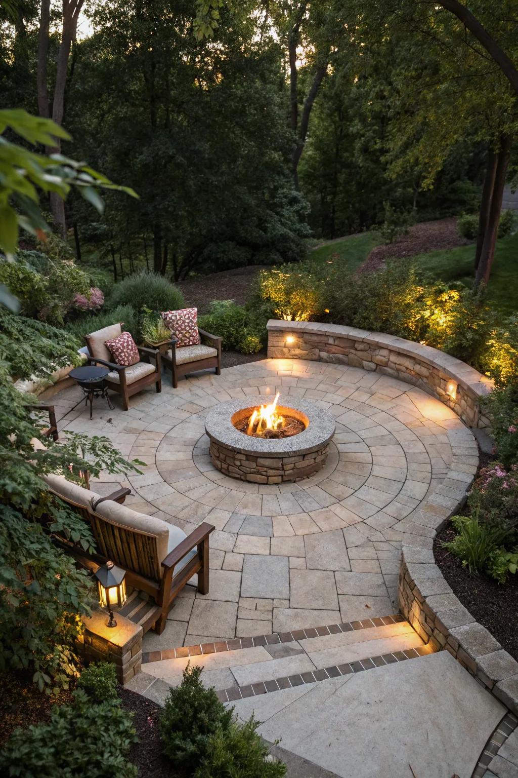 Circular stone patio with a central fire pit encourages social gatherings.