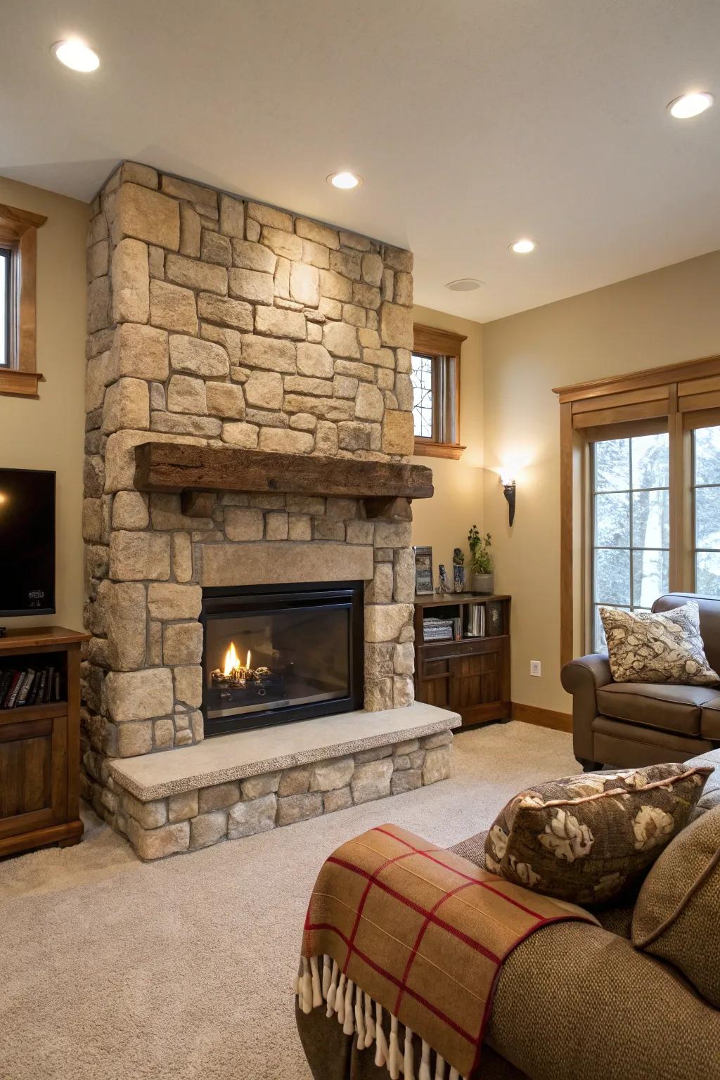 A stone mantel matching the fireplace creates a cohesive and unified design.