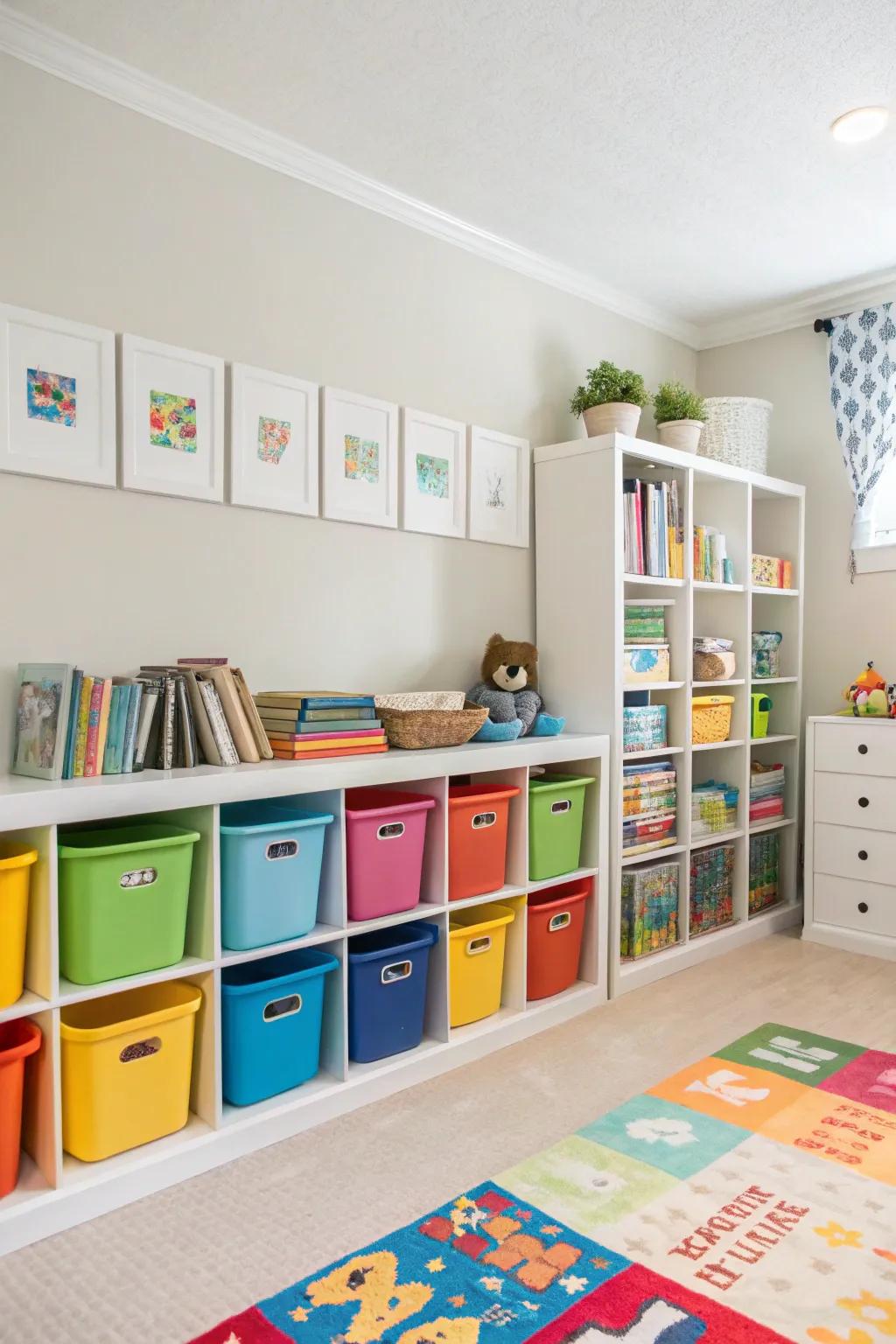 Color-coded bins help toddlers learn organization in a fun way.