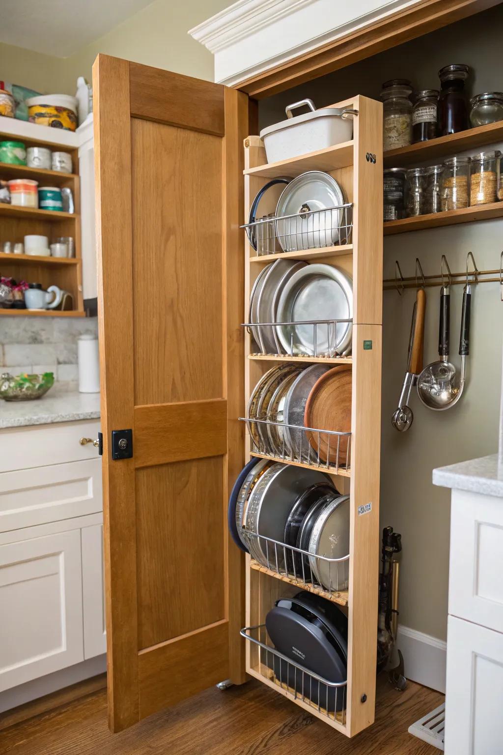 Pot lids are neatly organized behind the pantry door.