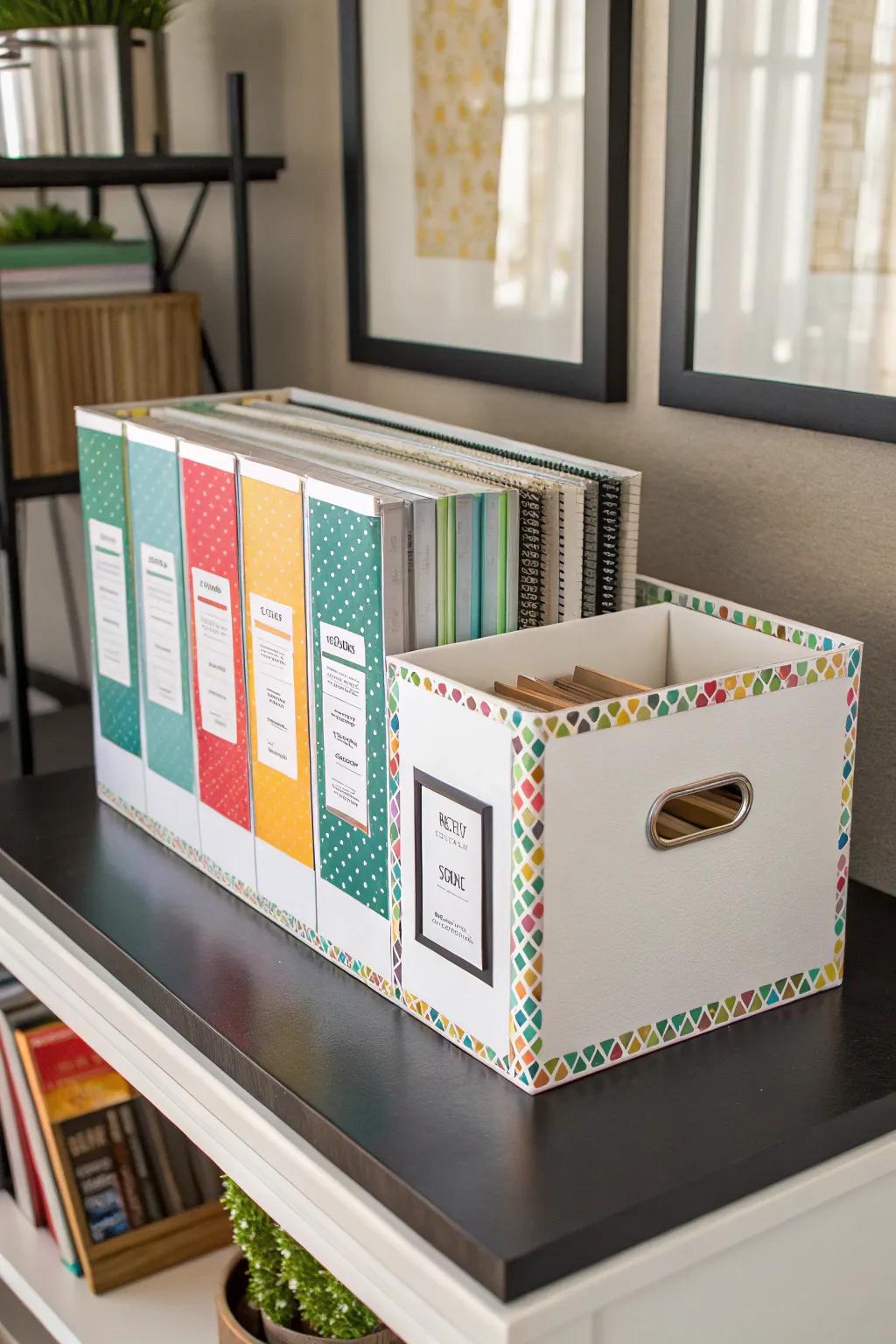 A sleek storage box for organizing bulletin board borders.