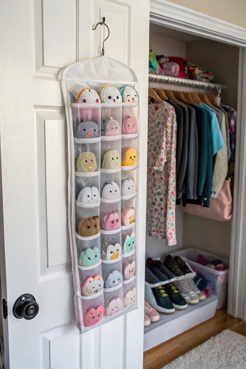 A shoe organizer repurposed to store small Squishmallows neatly.