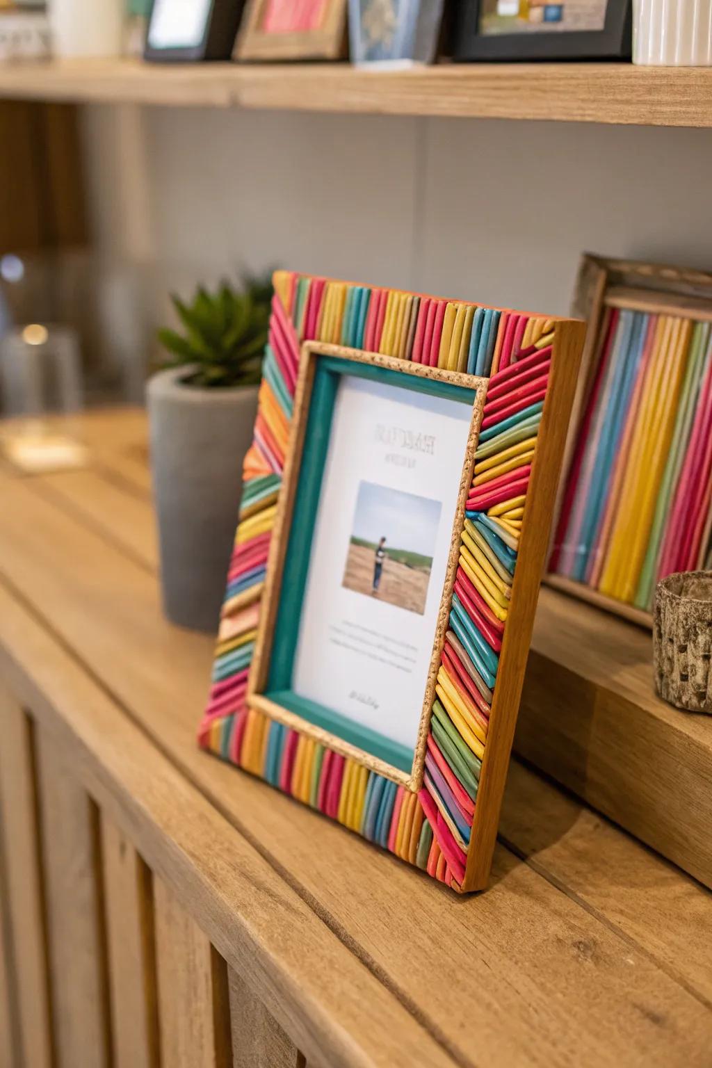 Personalize your pictures with a chic straw photo frame.