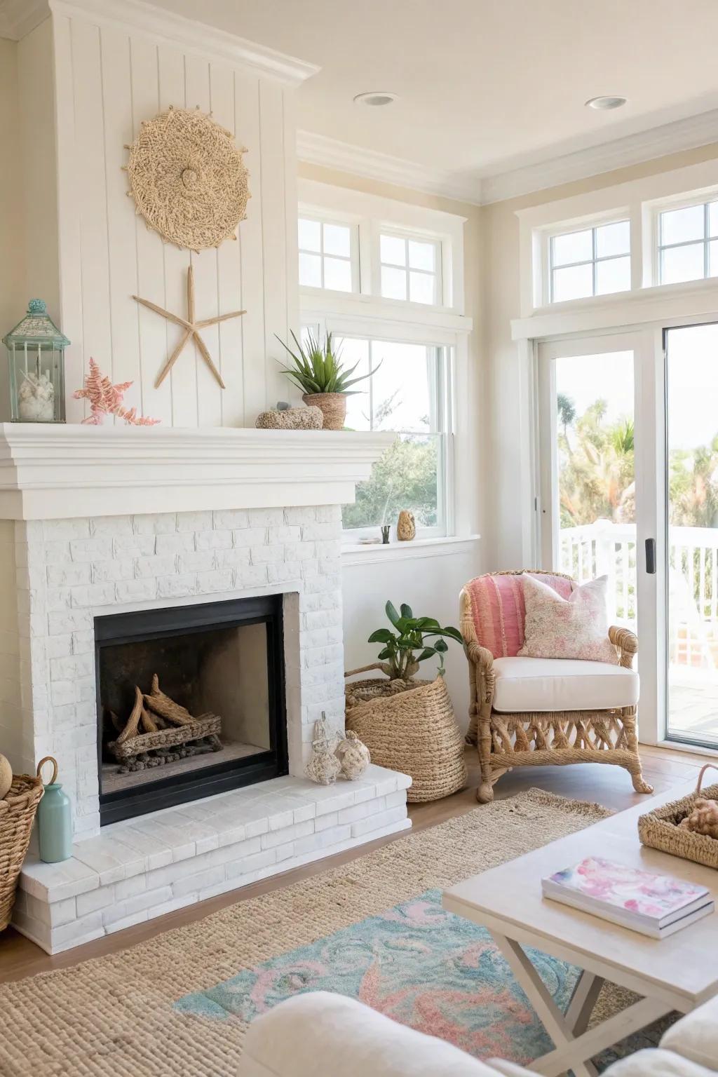 A white stucco fireplace brings beachy vibes into this inviting living space.