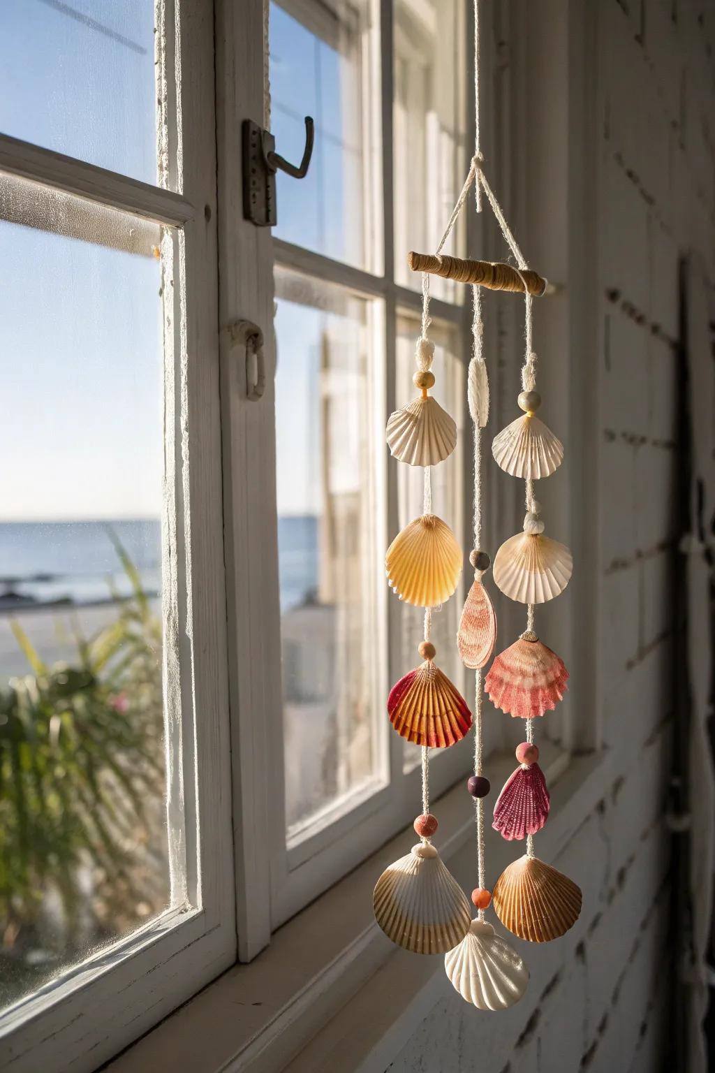 Capture the essence of summer with a charming seashell suncatcher, blending minimalist elegance with a splash of color.