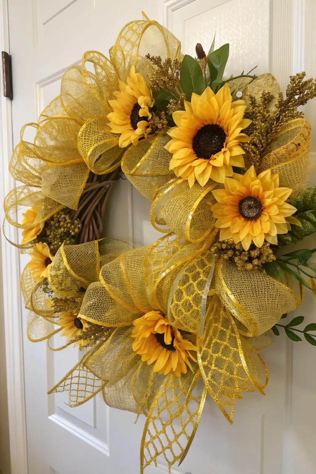 A sunflower delight mesh wreath that brings the outdoors in.