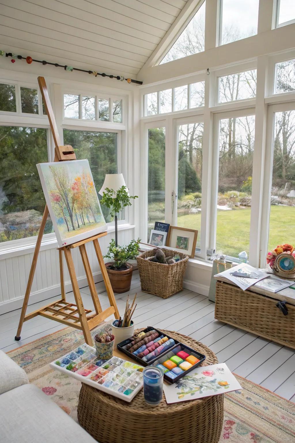 A sunroom transformed into a creative art studio filled with natural inspiration.