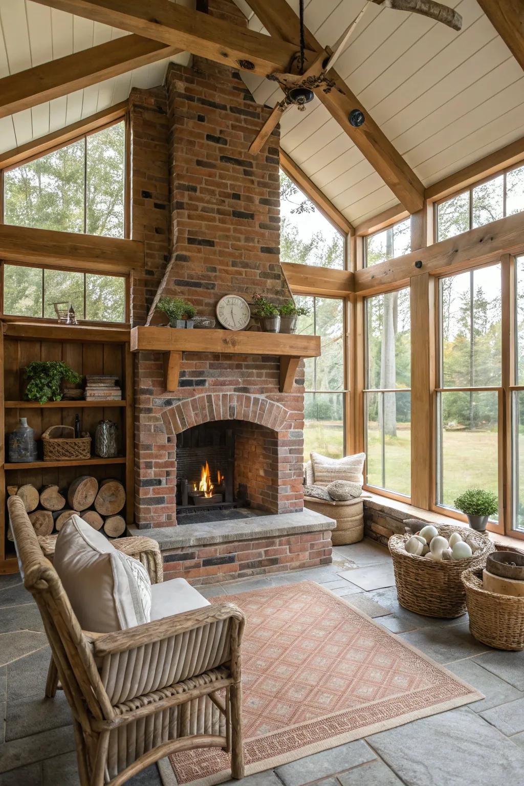 A traditional brick fireplace adding timeless charm to a rustic sunroom.