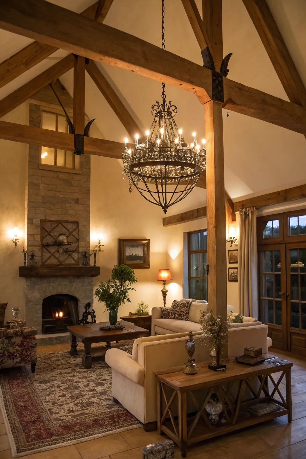 Cozy living room with chandelier elegantly hanging from beams.