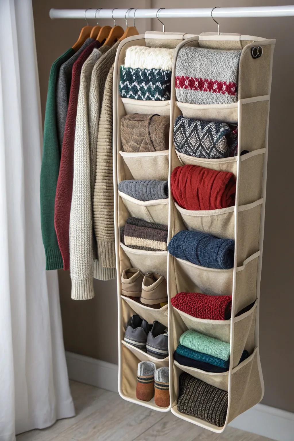 Shoe organizers offer an unexpected solution for sweater storage.