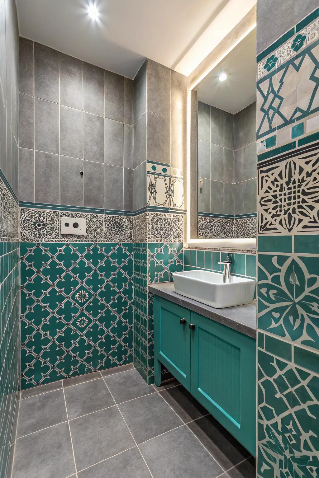 A harmonious combination of teal and grey, enhanced by geometric designs.