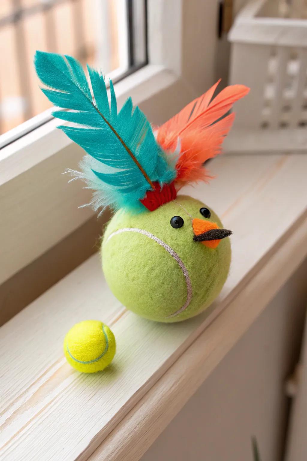 Transform a simple tennis ball into a charming bird with a burst of color and creativity.