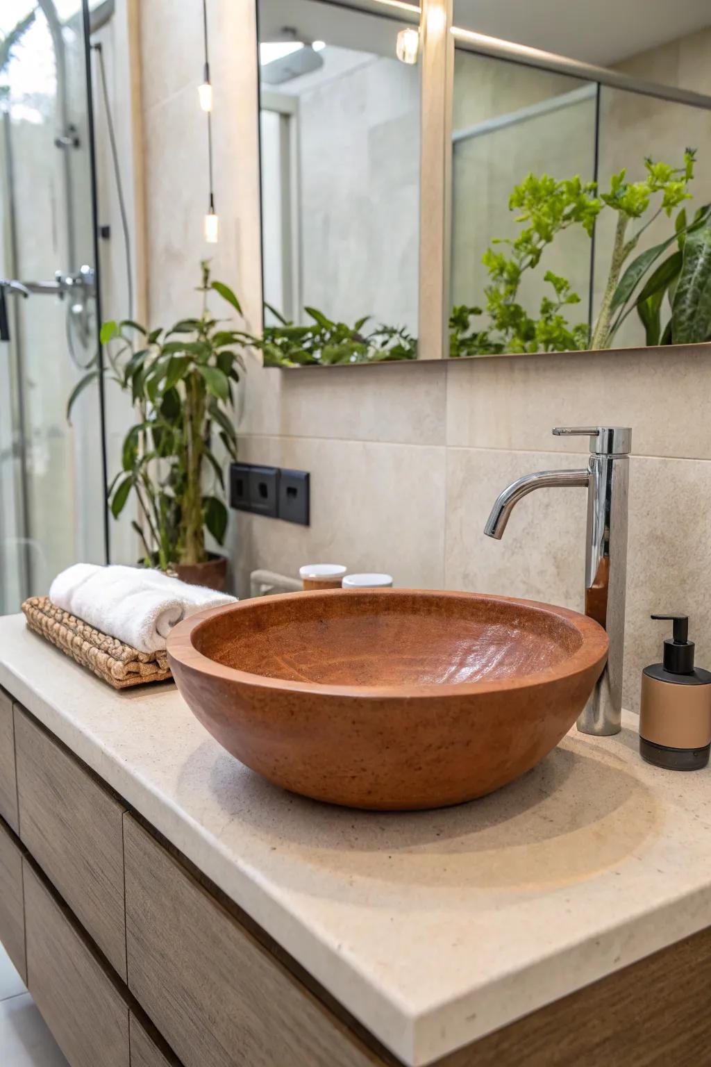 A bold terra cotta basin serves as the centerpiece of this contemporary bathroom.