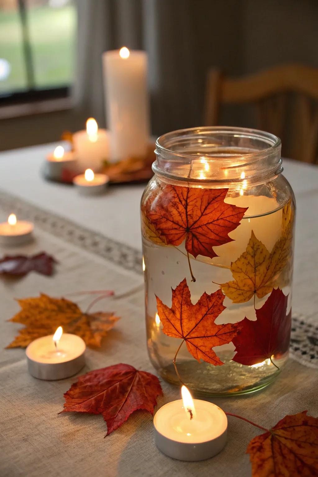 Floating candles and autumn leaves create a magical ambiance for any Thanksgiving evening.