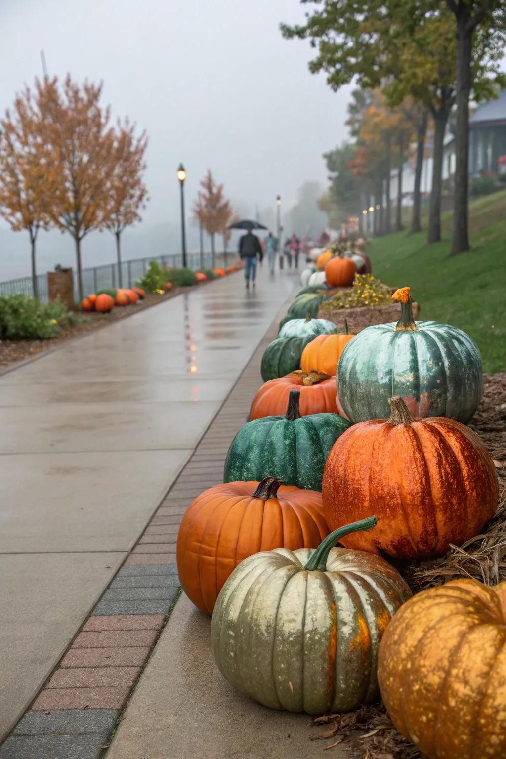 A colorful pumpkin parade to guide guests to your door.