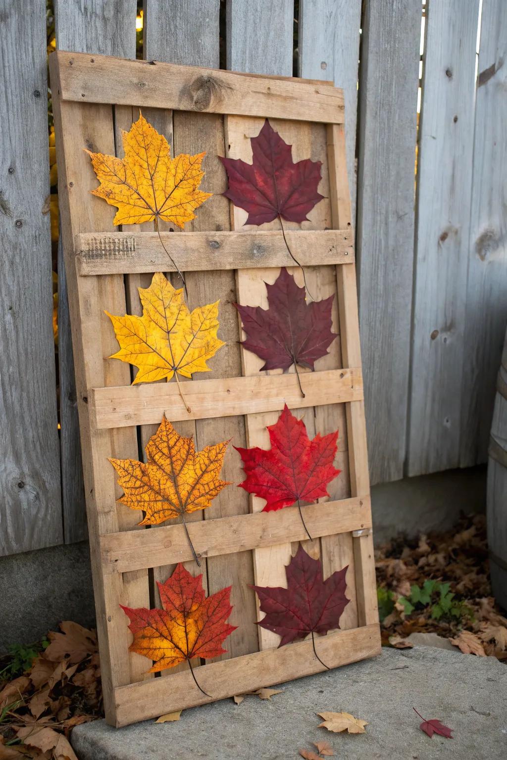 Elevate your fall decor with this striking pallet leaf art, where craftsmanship meets the vibrant hues of autumn.