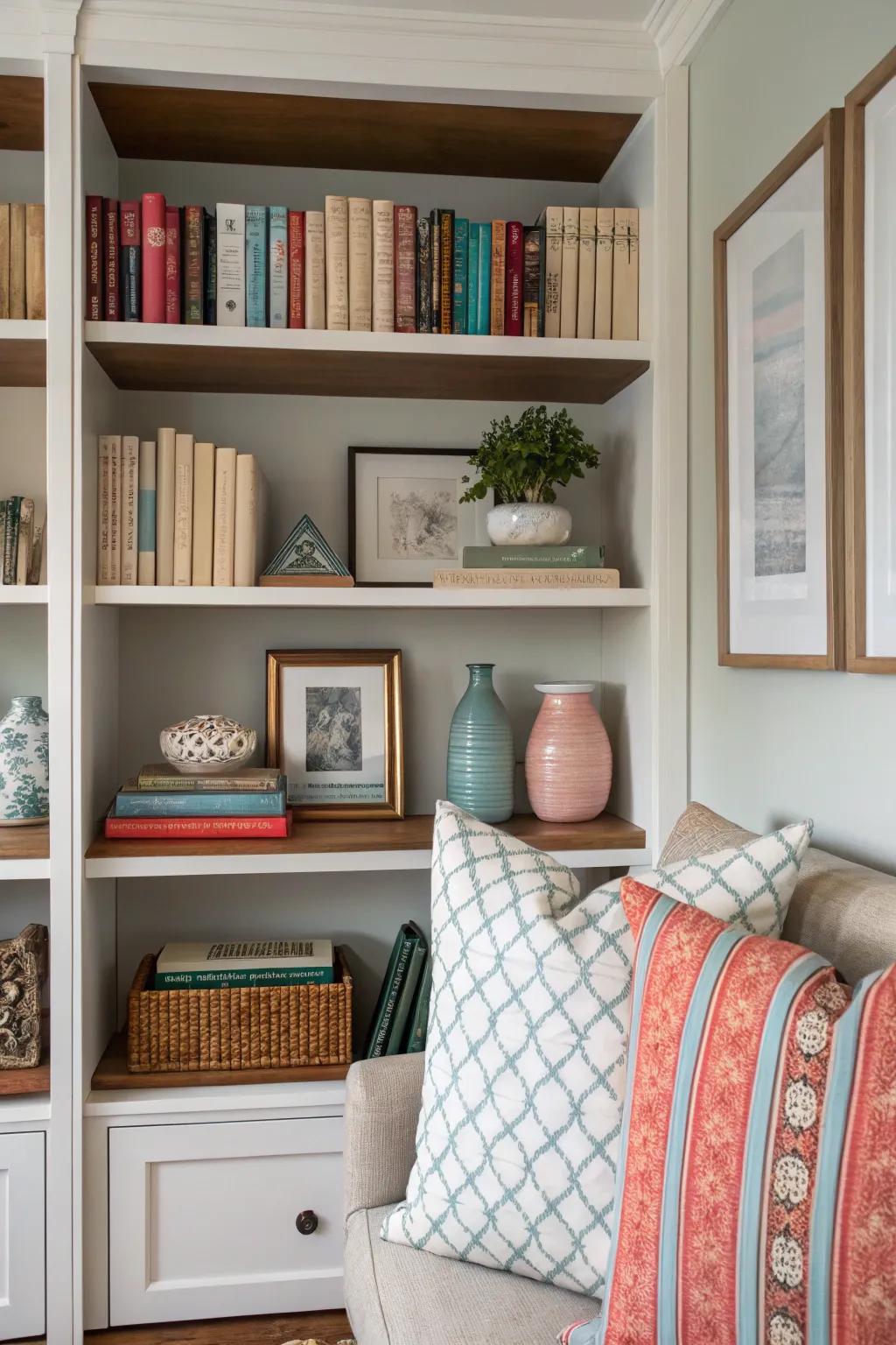 A bookshelf showcasing an organized display of throw pillows.