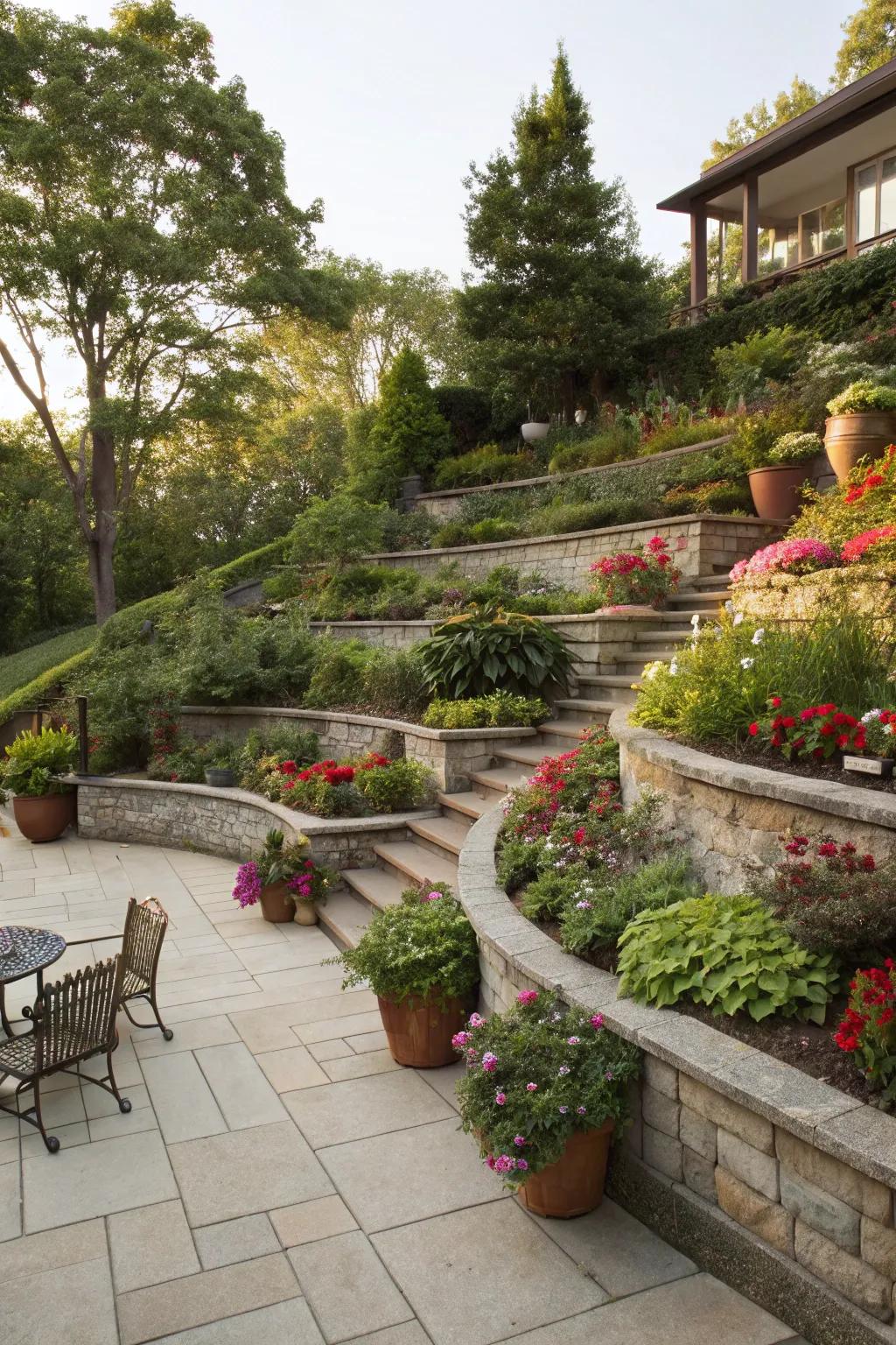 Terraced garden beds add vibrancy and a touch of nature to a tiered patio.