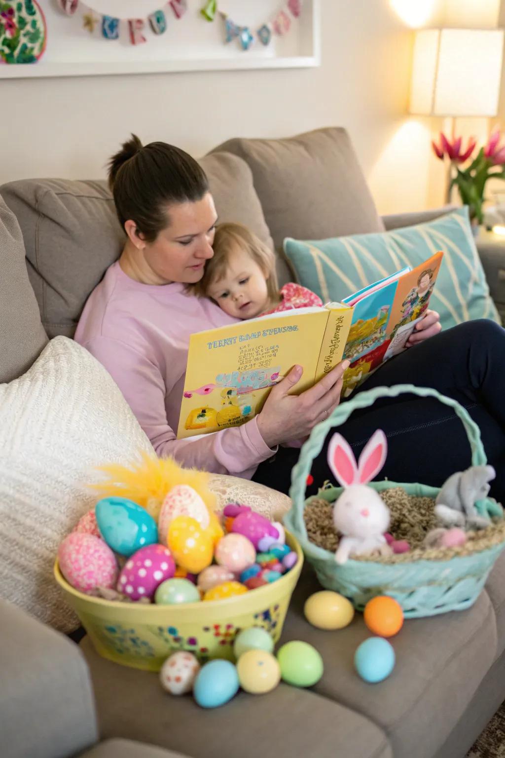 A quiet moment with Easter stories and cuddles.