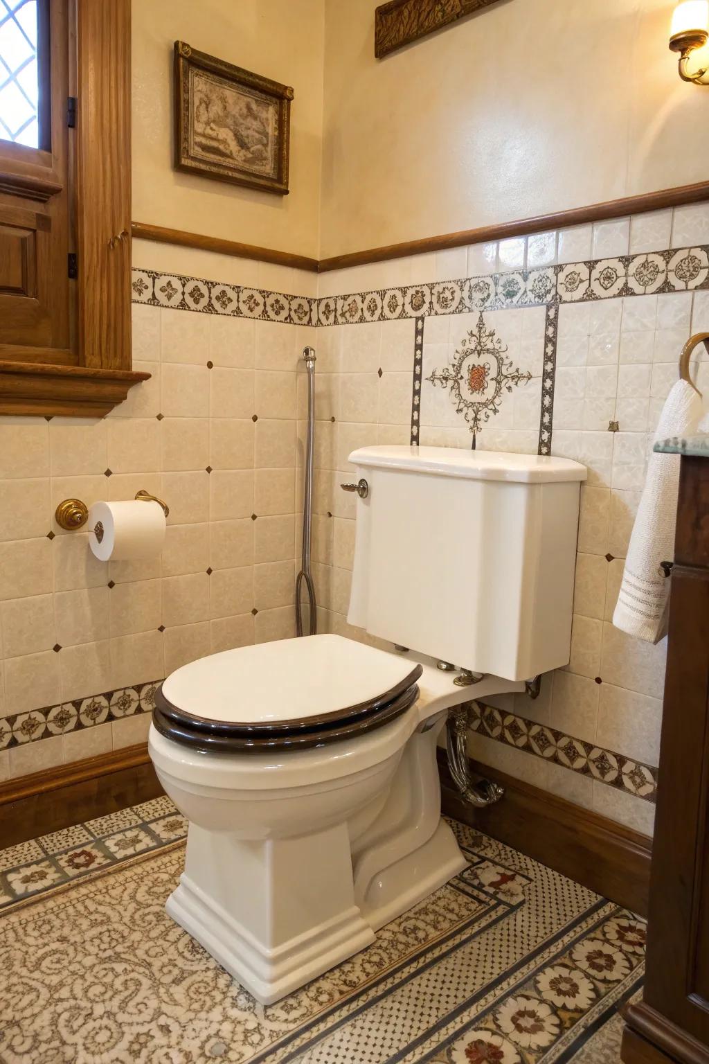 A high-tank toilet adds vintage charm to the bathroom.