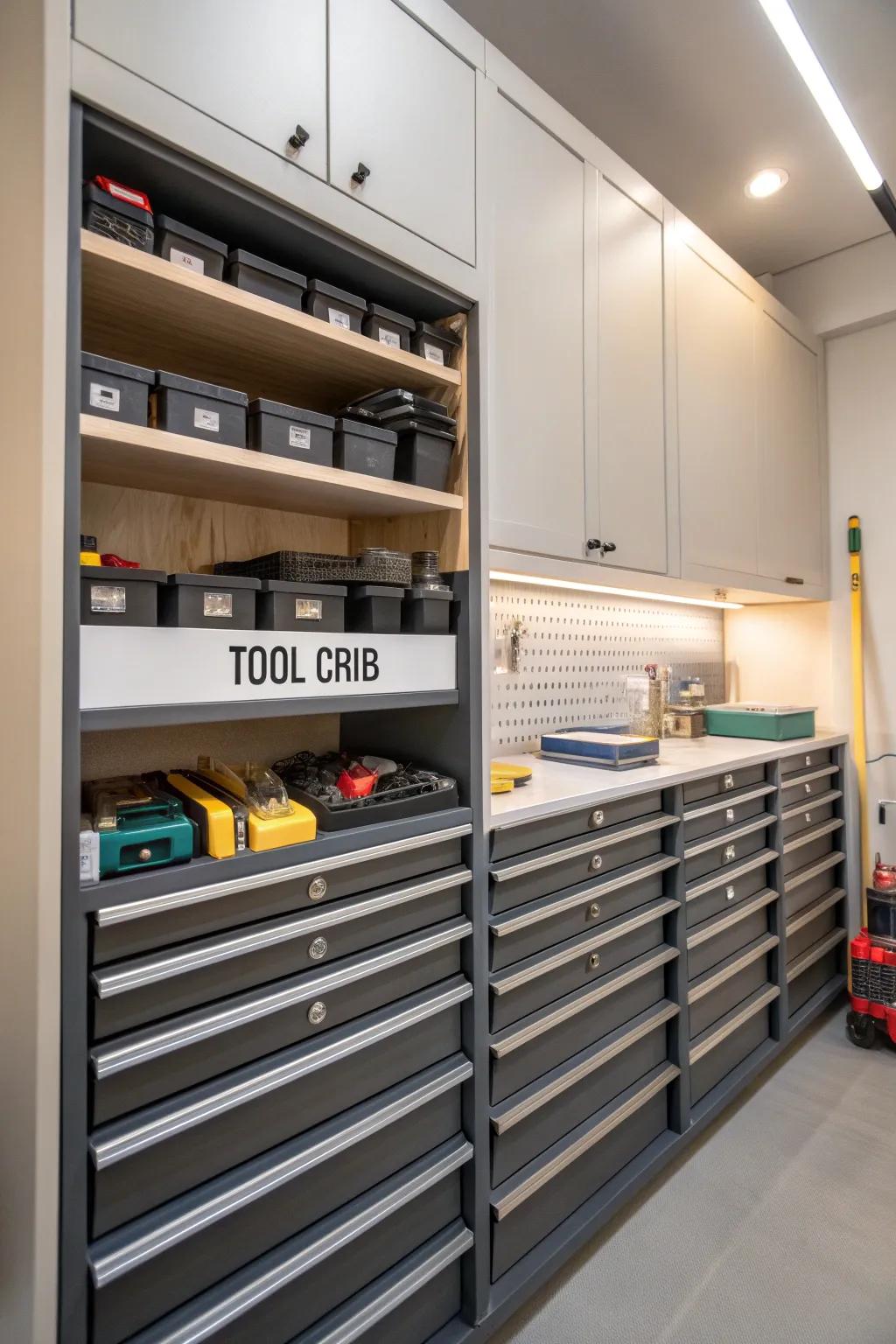 Clearly labeled drawers and shelves in a tool crib.