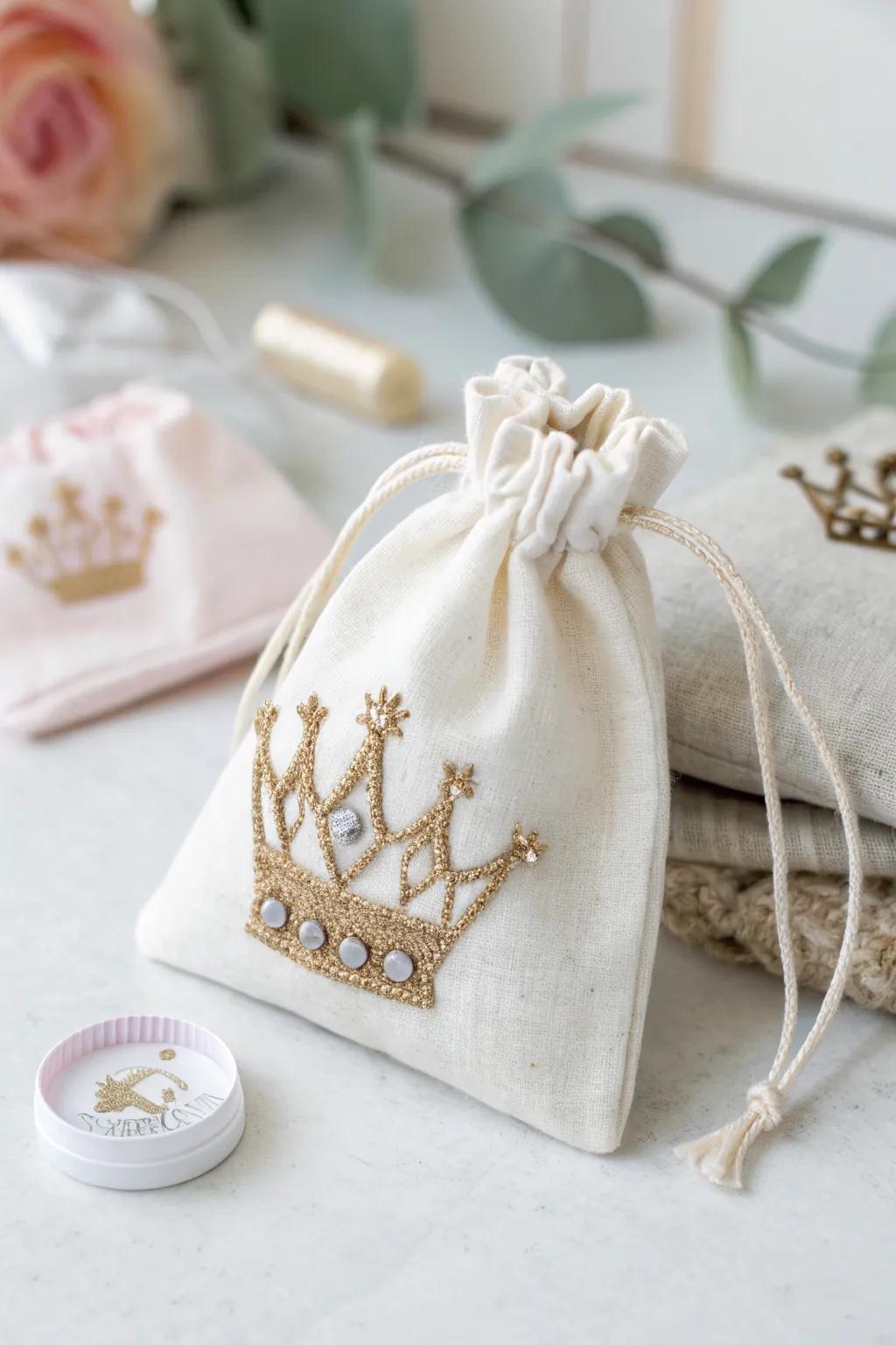 Transform a simple bag into a royal treasure with a charming miniature crown embellishment. Perfect for little fairy princes and princesses.