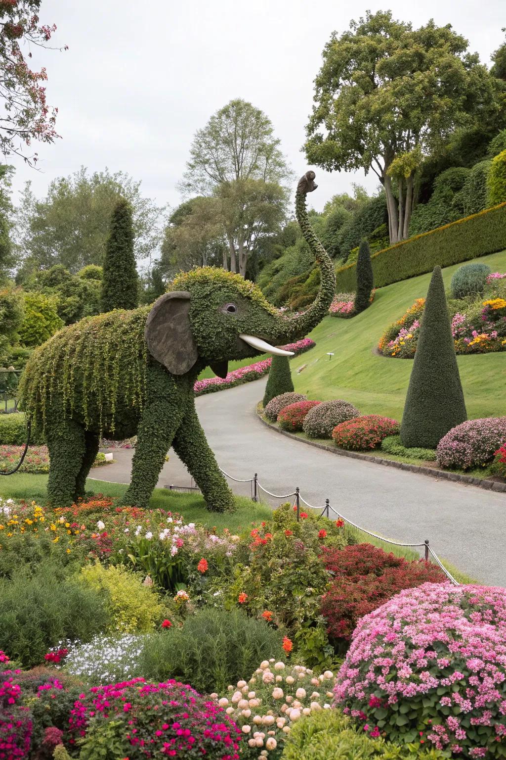 A whimsical topiary elephant adding charm to the garden.