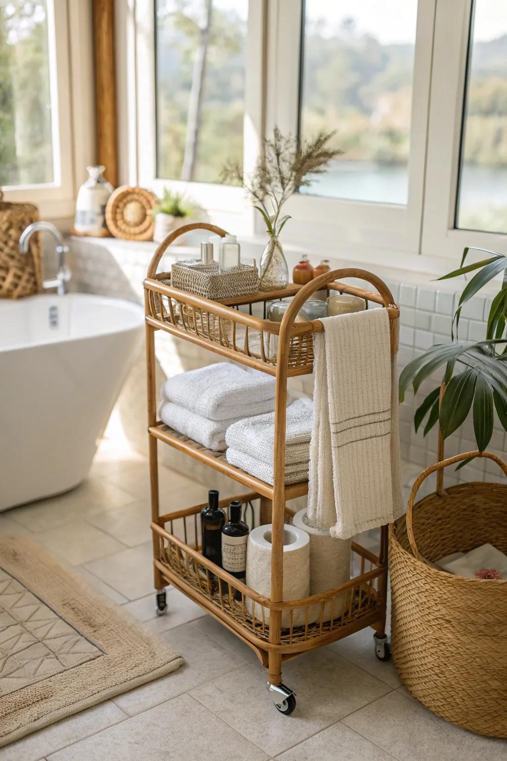 A rattan bar cart adds vintage charm and functionality.