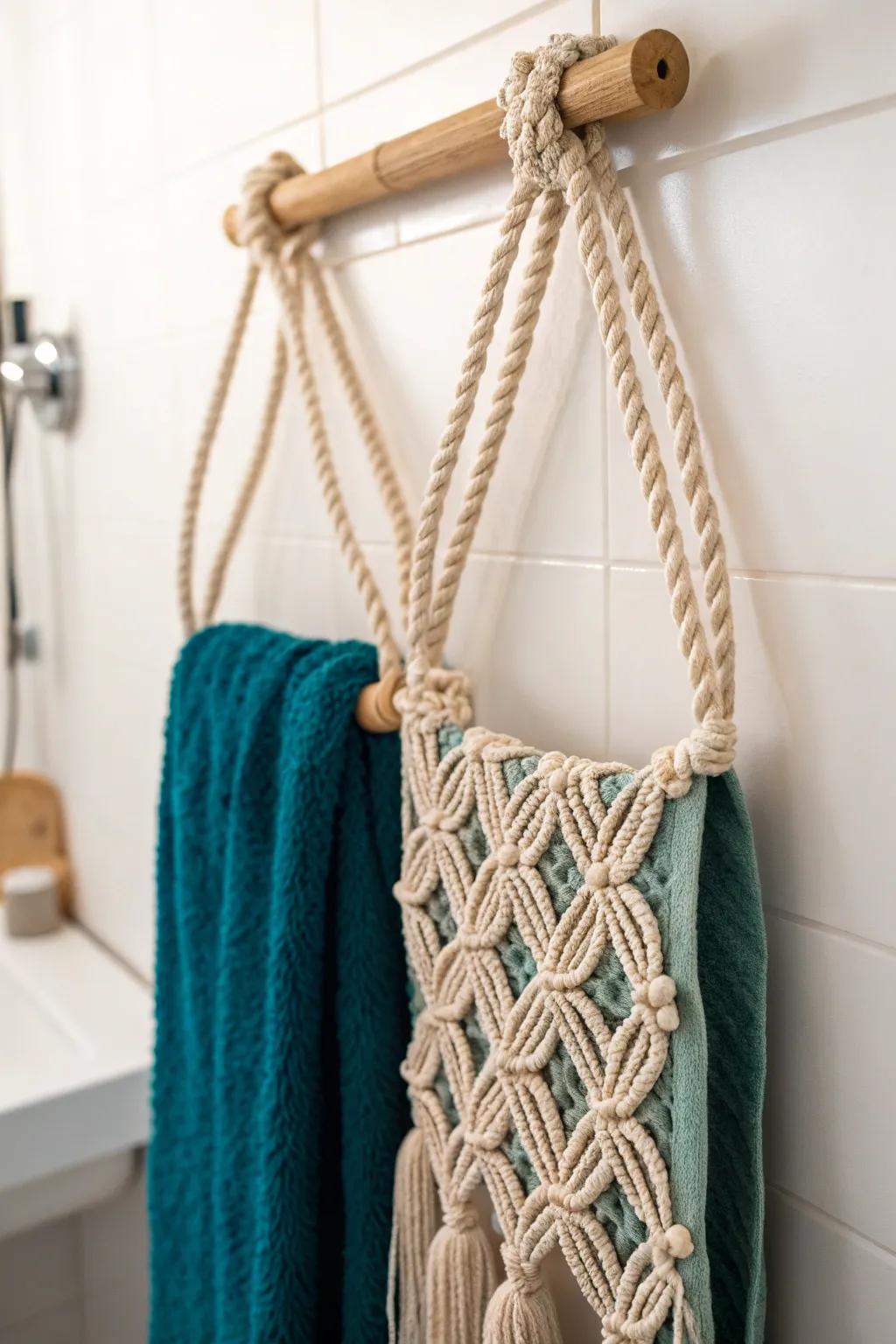 Transform your bathroom into a boho haven with a handmade macramé towel holder—where simplicity meets striking elegance.