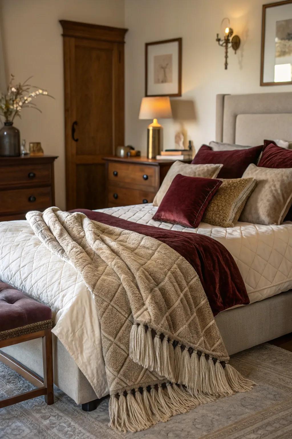 A bedroom rich with textures, creating a warm and inviting atmosphere.