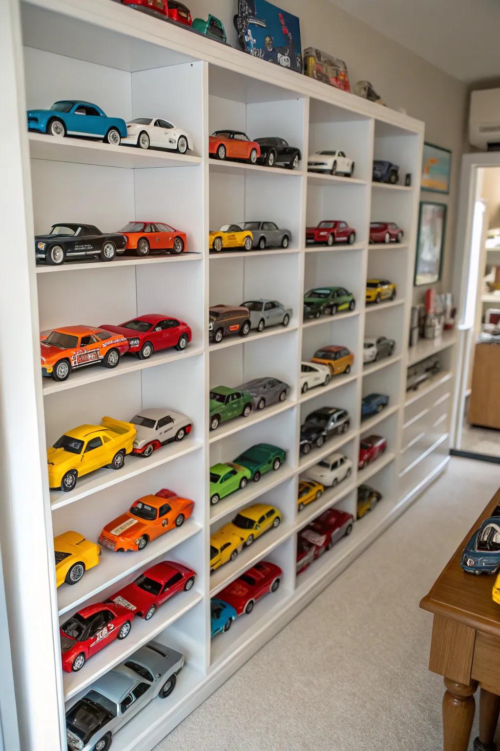 An old bookshelf creatively used to display toy cars.