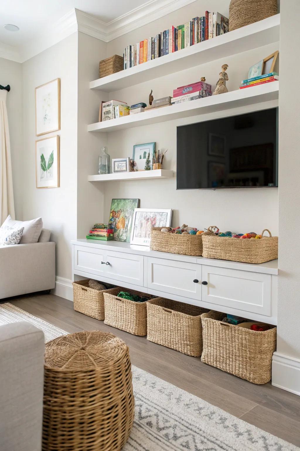 Floating shelves with baskets create a chic storage solution.