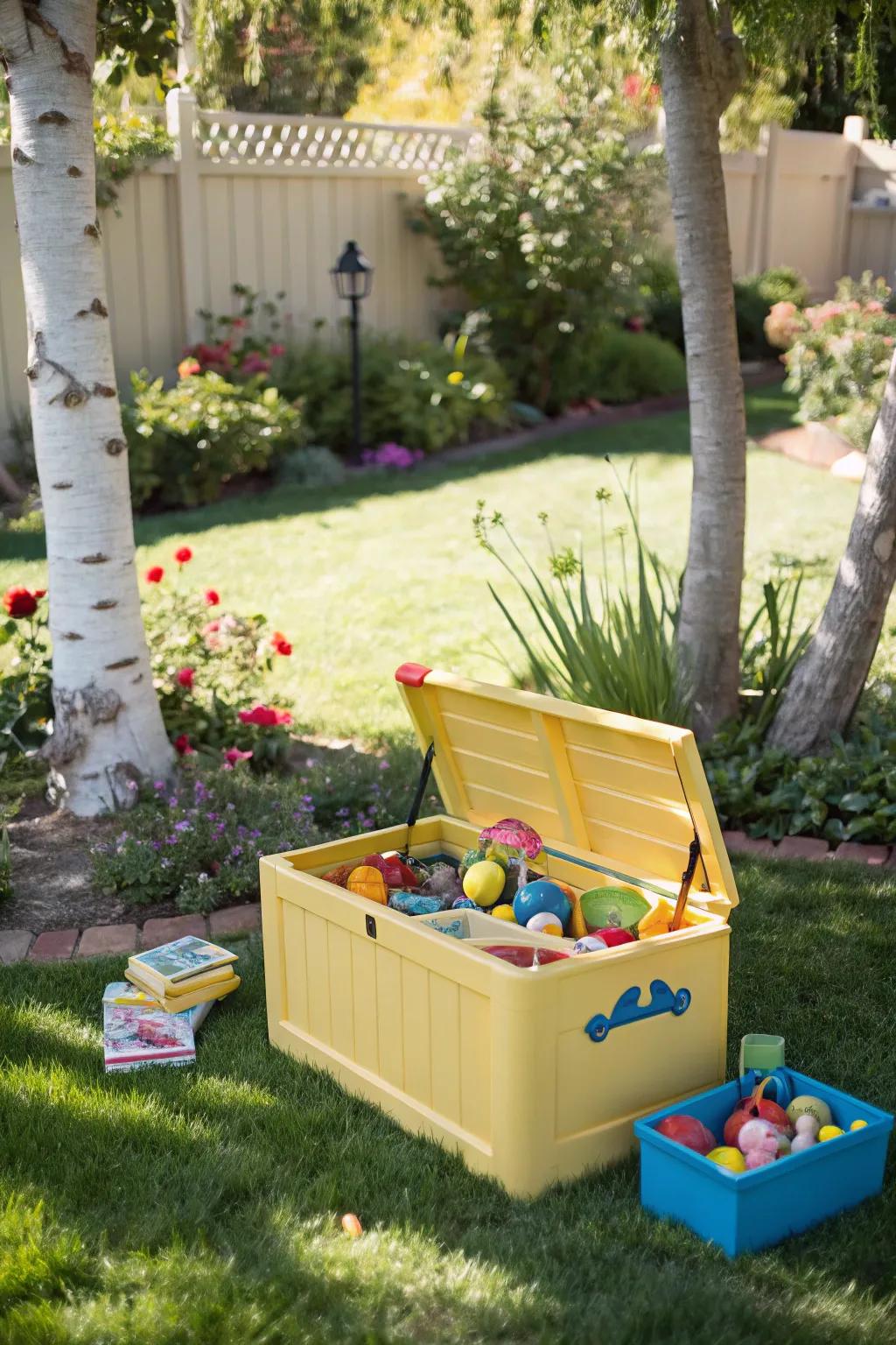 A rustic outdoor toy chest keeps backyard playthings organized and dry.