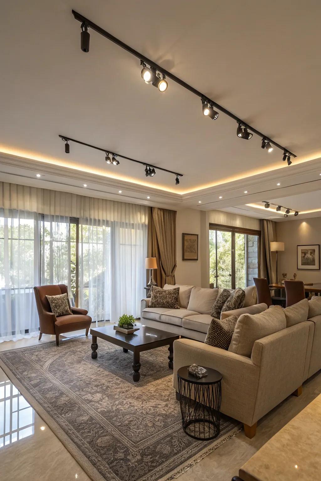 Track lighting defining spaces in an open-plan living room.